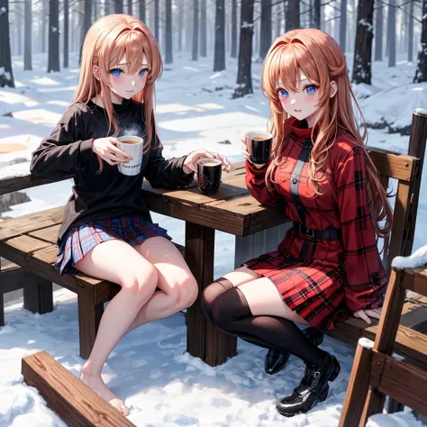 red blonde、blue eyess、one good looking girl、独奏、animesque、Plaid miniskirt、Black T-shirt、coat、the woods、Sunlight、Looks cold、Snow is piled up、drinking steaming tea、Upper Eyes、sitting on、kicking snow