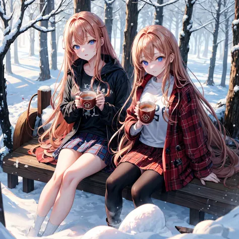 red blonde、blue eyess、one good looking girl、独奏、animesque、Plaid miniskirt、Black T-shirt、coat、the woods、Sunlight、Looks cold、Snow is piled up、drinking steaming tea、Upper Eyes、sitting on、kicking snow