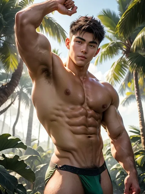 (Ultra actual),Detailed actual,A handsome Asian muscular young man, Guardians of the Forest, godly presence, young god, 18yr old, care for plants, The beautiful, Smooth dark brown hair, 詳細な目, largeeyes, green-eyed, gently smiling, large muscle, Wear a loin...