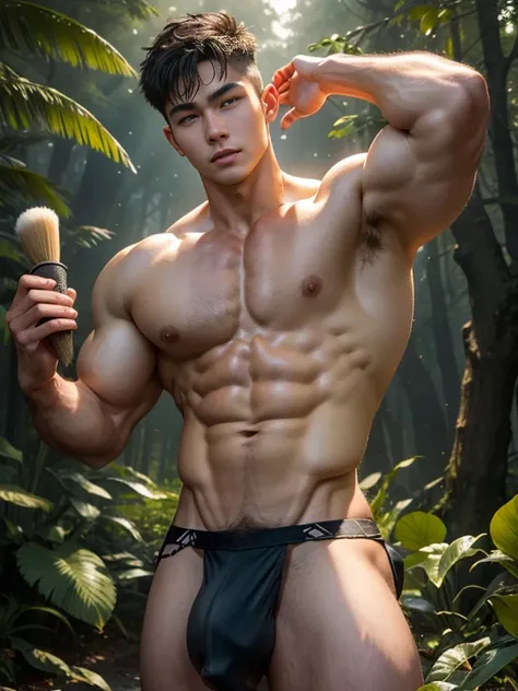 (Ultra actual),Detailed actual,A handsome Asian muscular young man, Guardians of the Forest, godly presence, young god, 18yr old, care for plants, The beautiful, Smooth dark brown hair, 詳細な目, largeeyes, green-eyed, gently smiling, large muscle, Wear a loin...