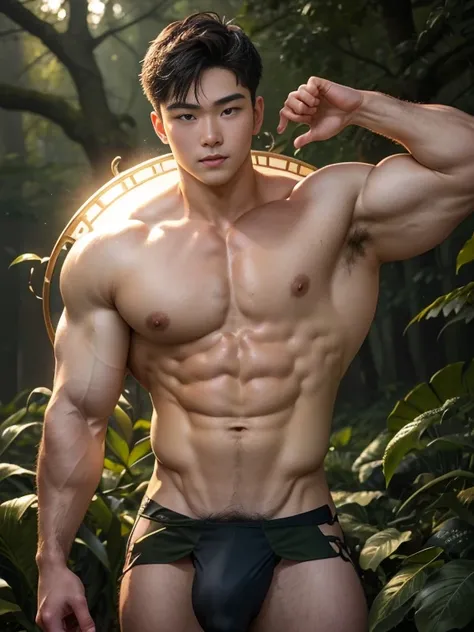 (Ultra actual),Detailed actual,A handsome Asian muscular young man, Guardians of the Forest, godly presence, young god, 18yr old, care for plants, The beautiful, Smooth dark brown hair, 詳細な目, largeeyes, green-eyed, gently smiling, large muscle, Wear a loin...