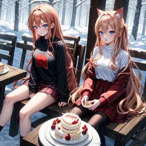 red blonde、blue eyess、one good looking girl、独奏、animesque、Plaid miniskirt、Black T-shirt、coat、the woods、Sunlight、Looks cold、Snow is piled up、drinking steaming tea、sitting on、kicking snow、a cake