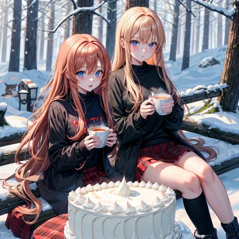 red blonde、blue eyess、one good looking girl、独奏、animesque、Plaid miniskirt、Black T-shirt、coat、the woods、Sunlight、Looks cold、Snow is piled up、drinking steaming tea、sitting on、kicking snow、a cake