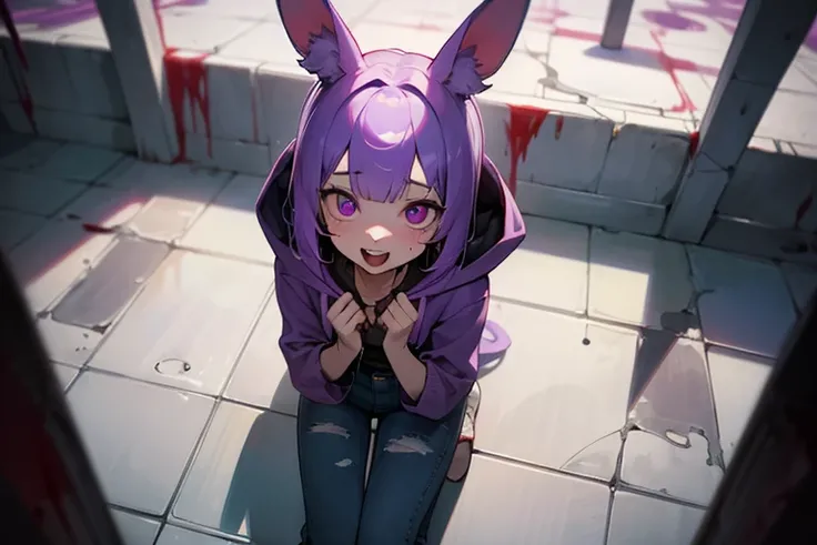 ((Masterpiece)), (high definition:1.3), Beautiful,(Masterpiece), 8K, From directly above, wideshot, super detaill, Realistic, Beautiful photo, Textured skin, Cinematic lighting,（beautiful medium bob、Black rabbit ears、Oversized pink hoodie、stream of blood, ...