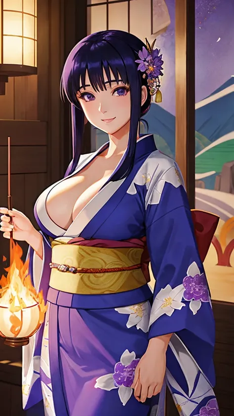 Masterpiece, ultra detailed, hinata hyuga from Naruto, wearing kimono, blue kimono with purple flower, at fire festival, looking at camera, big breast, realistic eyes, holding candy, cheerful smile