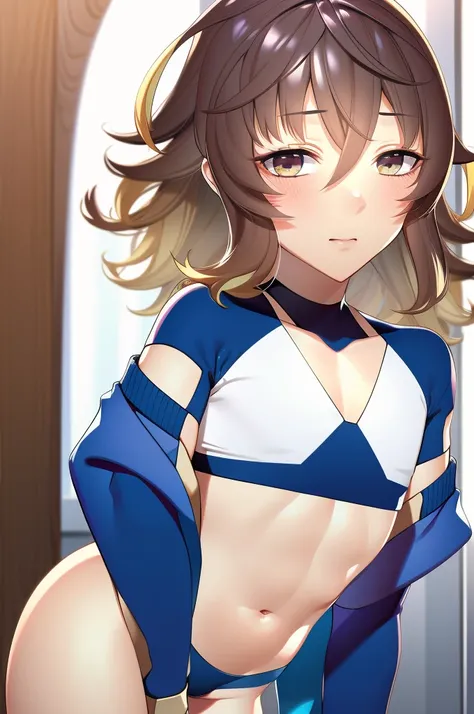 amicia michella - nijisanji, anime style, 1boy, deep violet hair, short hair, wavy hair, crop top, midriff, girly face, blushed, seductive, wide hips, thick thighs, huge round ass, flat chested, (((full flat chest))), (((bulge))), full body, dynamic pose, ...