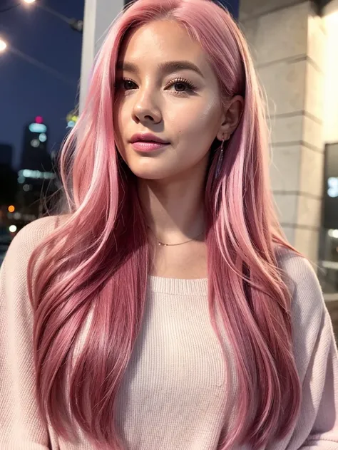 girl, vibrant pink hair, long hair, makeup, night