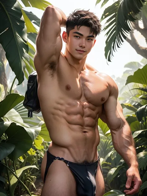 (Ultra actual),Detailed actual,A handsome Asian muscular young man, Guardians of the Forest, godly presence, young god, 18yr old, care for plants, The beautiful, Smooth dark brown hair, 詳細な目, largeeyes, green-eyed, 温柔的ssmile, large muscle, Wear a loincloth...