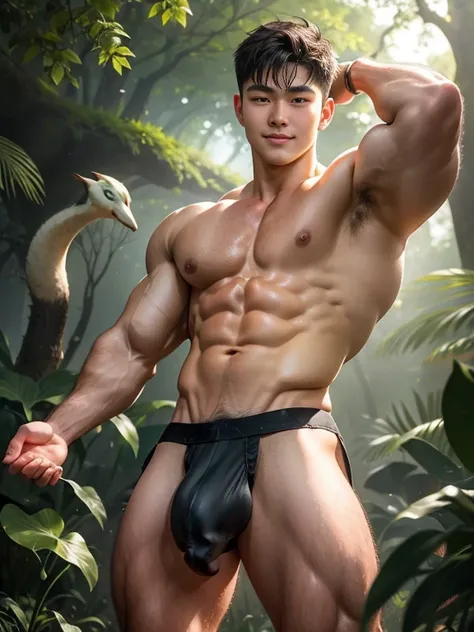 (Ultra actual),Detailed actual,A handsome Asian muscular young man, Guardians of the Forest, godly presence, young god, 18yr old, care for plants, The beautiful, Smooth dark brown hair, 詳細な目, largeeyes, green-eyed, 温柔的ssmile, large muscle, Wear a loincloth...