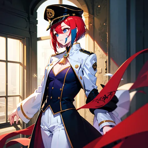 （（（​masterpiece）））、（（（Top image quality）））、（（（top-quality）））、（Illustration of one woman）、30-years old、（Viceroy）、（（Red-haired shorthair））、（Thin hair hanging down both sides of the face）、Blue eyes、（（Tall））、（（Muscle Woman、stocky build、muscular legs、broad shou...