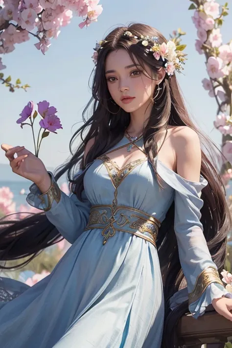 (image of a sorceress girl with long hair, flowers in hair, chic long dress, springtime