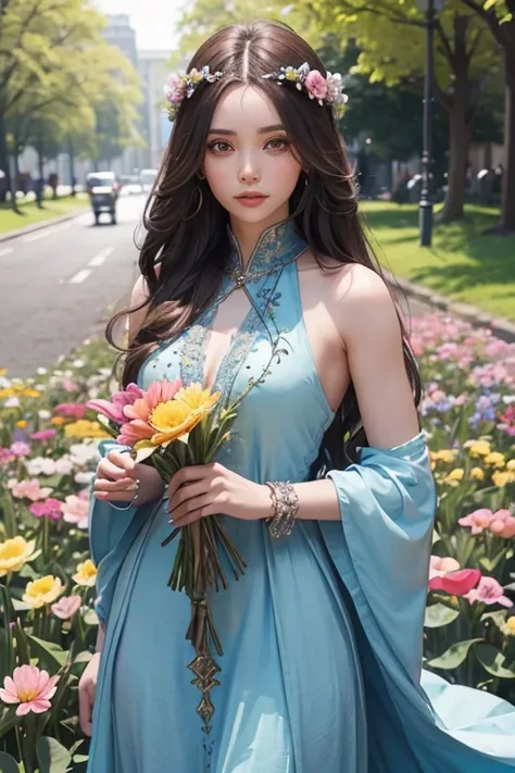 (image of a sorceress girl with long hair, flowers in hair, chic long dress, springtime