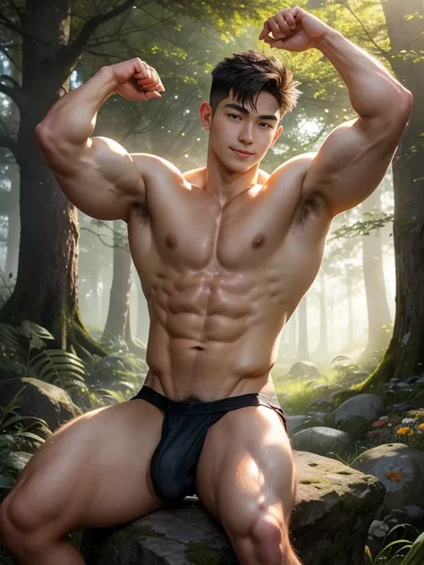 (Ultra actual),Detailed actual,A handsome Asian muscular young man, Guardians of the Forest, godly presence, young god, 18yr old, care for plants, The beautiful, Smooth dark brown hair, 詳細な目, largeeyes, green-eyed, 温柔的ssmile, large muscle, Wear a loincloth...