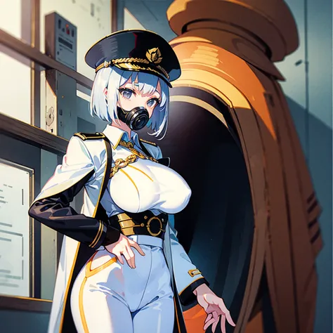 （（（​masterpiece）））、（（（Top image quality）））、（（（top-quality）））、（Illustration of one woman）、30-years old、（Viceroy）、Black hair bob cut、（（Face covering gas mask））、Gray eyes、（（Tall））、（（huge tit））、（（Military uniforms））、（（Military Cap））、（（Military coat））、（white  c...