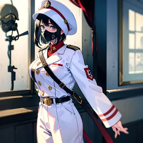 （（（​masterpiece）））、（（（Top image quality）））、（（（top-quality）））、（Illustration of one woman）、30-years old、（Viceroy）、Black hair bob cut、（（Face covering gas mask））、Gray eyes、（（Tall））、（（huge tit））、（（Military uniforms））、（（Military Cap））、（（Military coat））、（white  c...