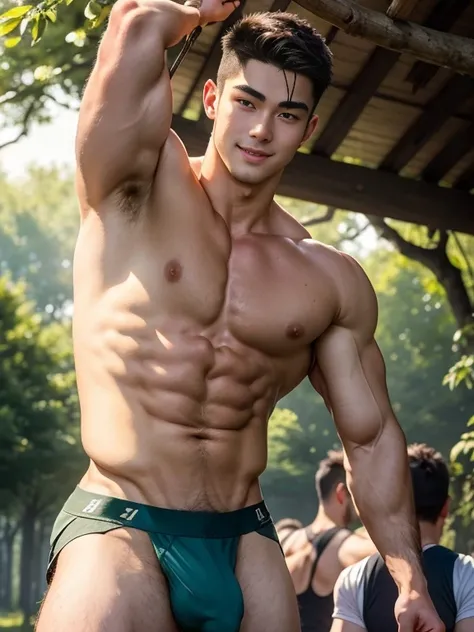 (Ultra actual),Detailed actual,A handsome Asian muscular young man, Guardians of the Forest, godly presence, young god, 18yr old, care for plants, The beautiful, Smooth dark brown hair, 詳細な目, largeeyes, green-eyed, 温柔的ssmile, large muscle, Wear a loincloth...