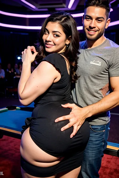 xlteen, fully clothed, sfw, Latina, bbw, voluptuous, a latina woman with wide hips, thick thighs, a huge ass, sexy dress, party setting,  guy and girl are playing Billiards, guy is holding her from behind, guy is grabbing her big ass, guy is groping her as...