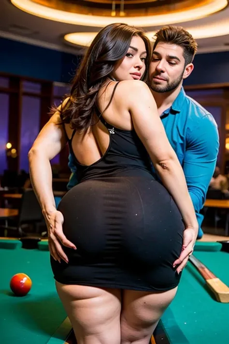 xlteen, fully clothed, sfw, Latina, bbw, voluptuous, a latina woman with wide hips, thick thighs, a huge ass, sexy dress, party setting,  guy and girl are playing Billiards, guy is holding her from behind, guy is grabbing her big ass, guy is groping her as...