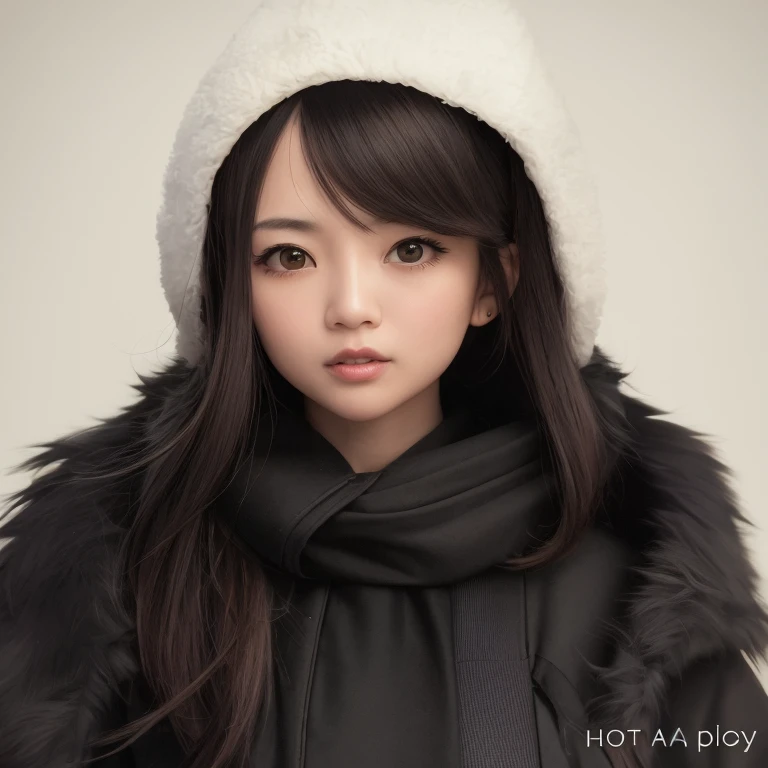 a woman with a surprised look on her face, Winter Outfit, top grade, professional photograpy, a young asian woman, headshot profile photo