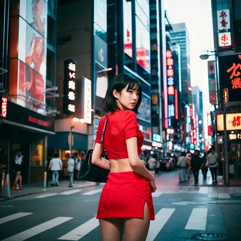 backshot,red miniskirt,city,japanese,solo,hip