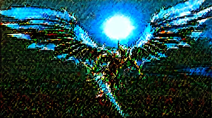 angelic figure, demonic figure, clash of swords, white armor, black armor, eagle-like wings, bat-like wings, golden sword, black sword, epic battle, good against evil, good versus evil