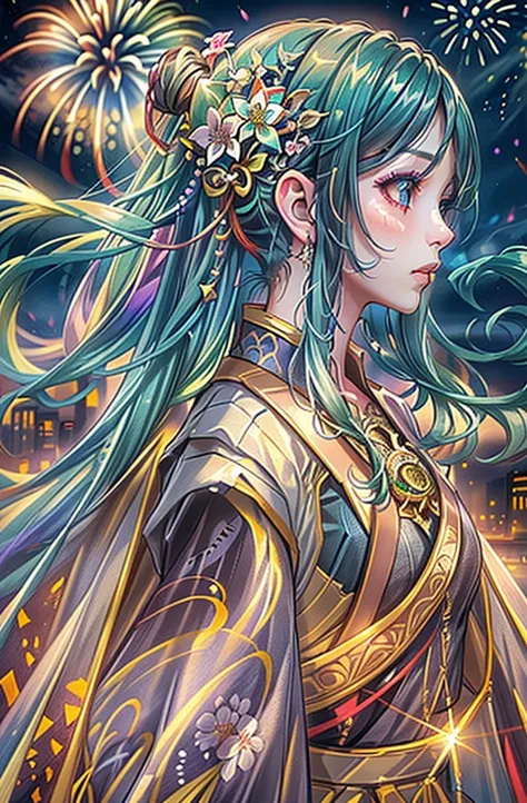 1girl, detailed night sky, fireworks, complex background, complex vivid color clothing, detailed Colorful hair ornaments, BREAK fantasy art, soft cinematic light, hdr, intricate, highly detailed