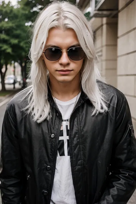 young man, 20 y/o, medium size hair, white hair, sunglasses, black jacket, black jeans,