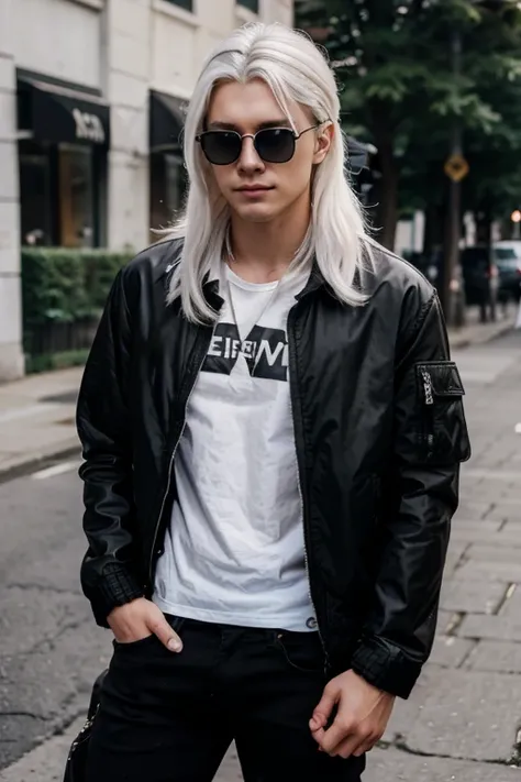 young man, 20 y/o, medium size hair, white hair, sunglasses, black jacket, black jeans,