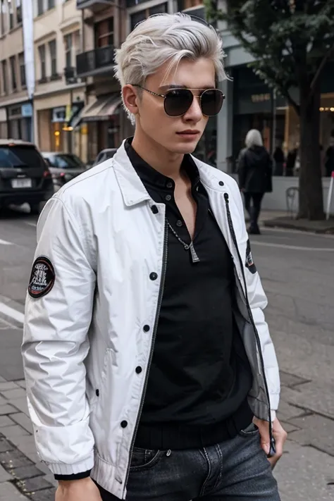 young man, 20 y/o, beautiful hairstyle, white hair, sunglasses, black jacket, black jeans,