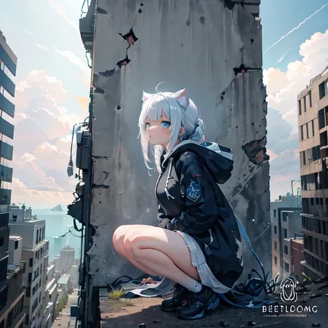 masterpiece, best quality, 1girl, hoodie up, cat-ear hoodie, white hair, blue eyes, long french braid, blunt bangs,military, apocalyptic world, ruined city, wilderness, high ground, dynamic angle and pose,