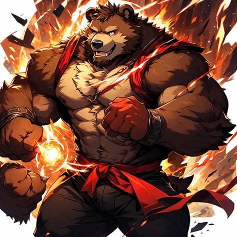 a bear，red colour，rampage，Magic，Punch your fist