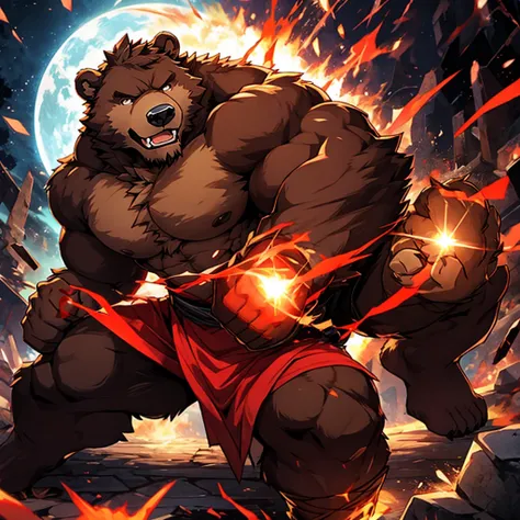 a bear，red colour，rampage，Magic，Punch your fist