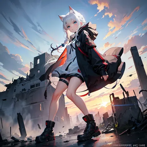 masterpiece, best quality, 1girl, hood up, cat-ear hood, white hair, blue eyes, long french braid, blunt bangs, military wear, apocalyptic world, ruined city, wilderness, high ground, dynamic angle and pose,