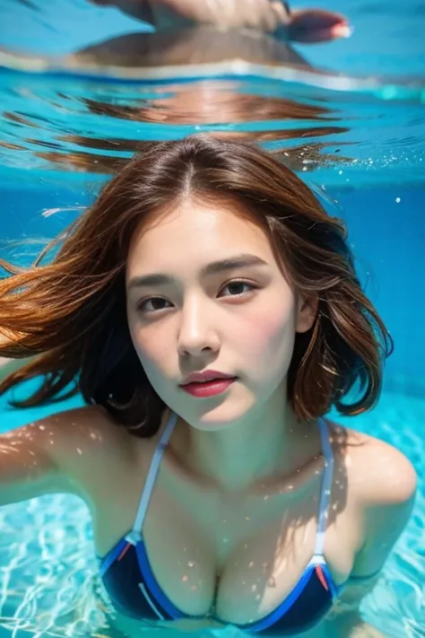 8K分辨率，（Portrait of a person taken in a swimming pool），barebacked，Underwater sub-shots included，womendivingswimmingmultiple women，18year old，（delicated face，A detailed face，cute  face，Flushed face），（Flowing hair in water，hair floating in waves，More about un...