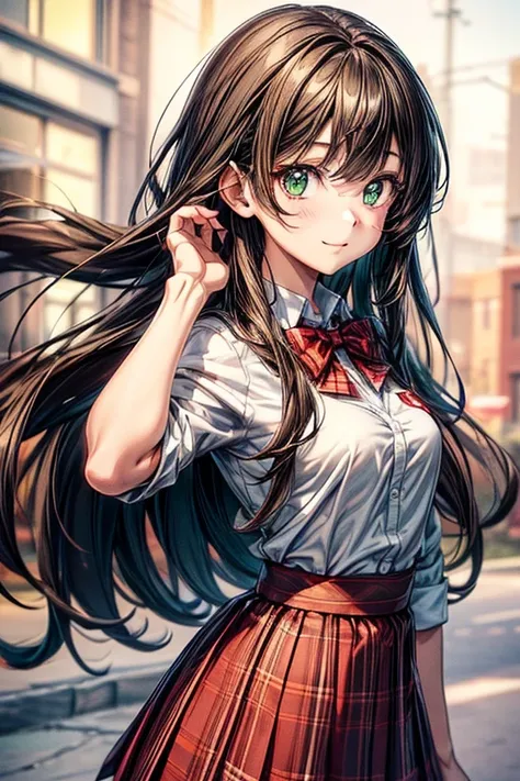 1girl in, Single, Solo, Beautiful anime girl, Beautiful Art Style, Anime Character, ((Long Straight Hair, Bangs, dark brown hair, curlyhair, hair pin)), ((Green eyes:1.4, rounded eyes, Beautiful eyelashes, Realistic eyes)), ((Smooth texture:0.75, Realistic...