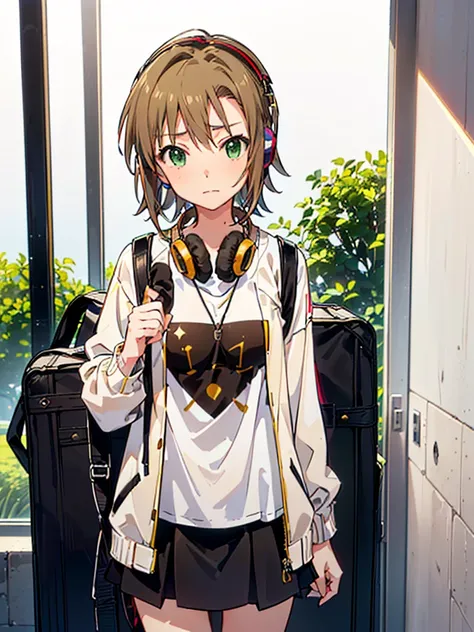 ((((Riina Tada from Idol master)))), ((1little girl)), solo, 16yo, (((light brown hair))), (green eyes), ((Hair parting is on the left side)), (((diagonal bangs))), (Blunt bangs), (middle hair),  (((headphones on her neck))), (with guitar case), 
White tee...