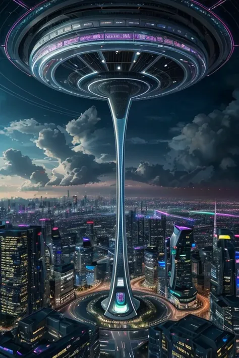 (Future city in the cloud, flying cars: 1.4), Technologically advanced architecture, Bustling streets, The future of transportation, skyscrapers piercing the clouds, floating platforms, neonlight, Holographic billboard, Bustling market, Unusual vehicle des...