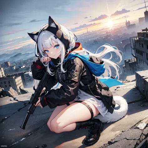 masterpiece, best quality, 1girl, hood up, cat-ear hood, white hair, blue eyes, long french braid, blunt bangs, military wear, apocalyptic world, ruined city, wilderness, high ground, dynamic angle and pose, hold a gun, claw pose, smile, wind,