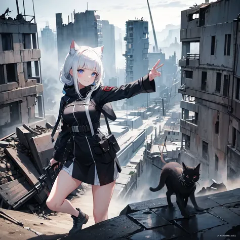 masterpiece, best quality, 1girl, hood up, cat-ear hood, white hair, blue eyes, long french braid, blunt bangs, military wear, apocalyptic world, ruined city, wilderness, high ground, dynamic angle and pose, hold a gun, claw pose, smile, wind,