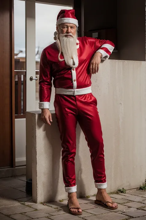 slim Santa suit without a bear and sandals posing for a picture