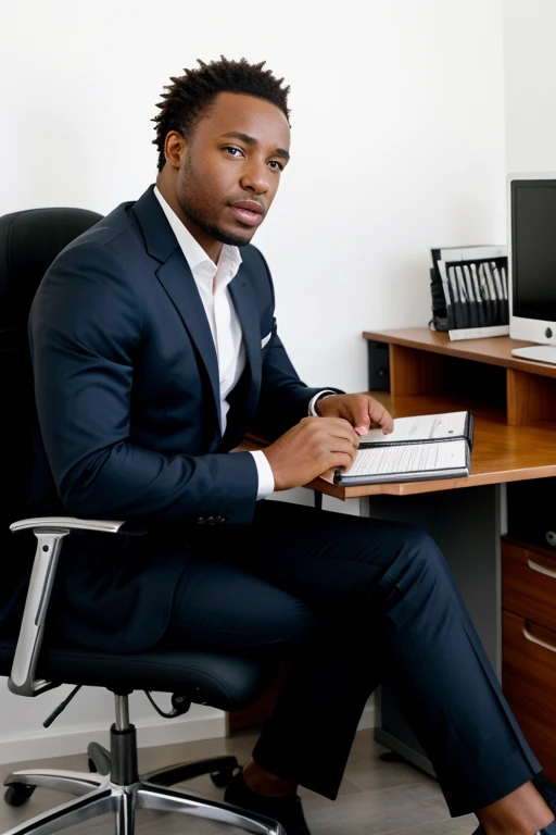 Imaginez un homme daffairesafricaine dans un bureau contemporain. Assis derrière un bureau organisé, il porte un costume élégant. Concentré sur son ordinateur portable, il affiche une expression sérieuse et déterminée.