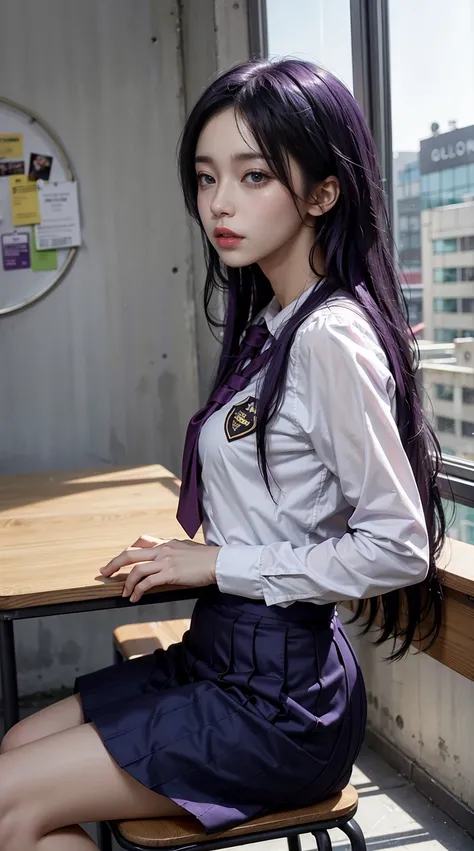 1Girl, Long midnight purple hair, golden eyes, Sitting in the Classroom, Caucasian School Modern Uniform, アニメ