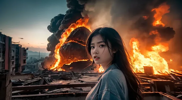 (in 8K, RAW Photos, top-quality, ​masterpiece:1.2), (realisitic, Photorealsitic:1.37), ultra-detailliert, high resolution, 1 Girl, Huge Monster and beautiful Girl, Looking at Viewer, terrified expression,building crumbling, Burning flame, stunningly beauti...