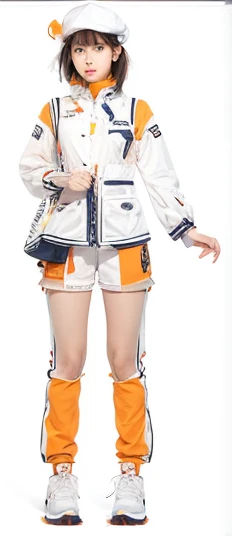 realistic girl, hat, white and orange outfit