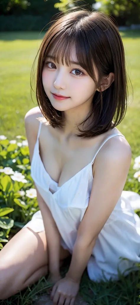 Spread legs, Shoot from below, Looking at the camera, Naked body, flower  field, A slender, Kissing face, idolface, Neat face, Blur the background, bob cuts, Colossal tits, 14years,  Lori, smile, ​masterpiece, top-quality, Raw photo, Photorealsitic, beauti...