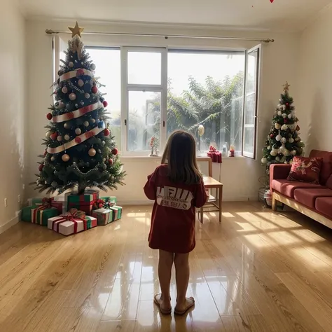 Neuropsicopedagogia,  Christmas Eve, papai noel entregando presentes, happy special children, Christmas tree in the center of a bright room, luzes de natal, brilho de cores em desfoque de cantos