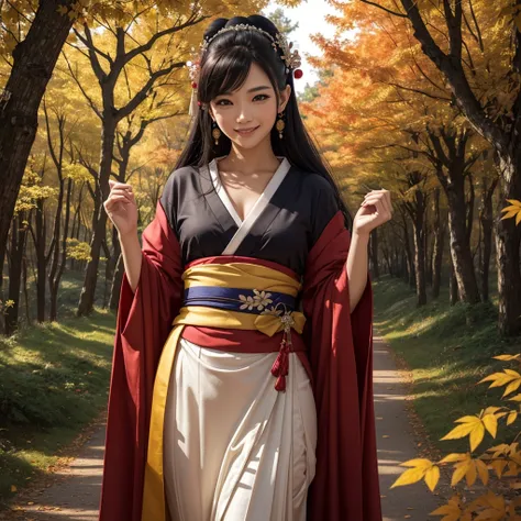 (Super elaborate CG Unity 8K wallpaper), (masterpiece), (highest quality), (realistic), geisha, kimono, dance, elf, pointed ears, ((best quality)), (super detailed)), (((photo)), autumn Japan forest ,smiling