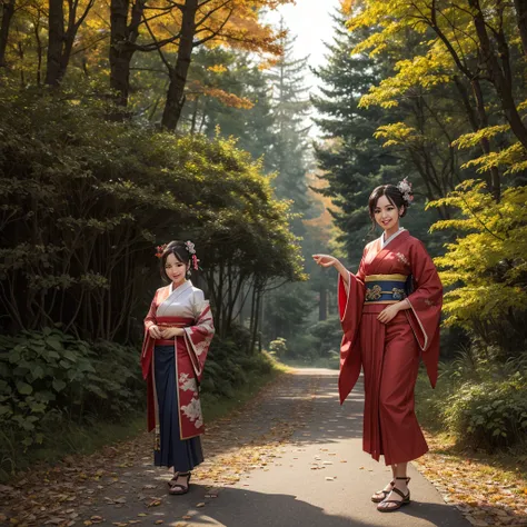 (Super elaborate CG Unity 8K wallpaper), (masterpiece), (highest quality), (realistic), geisha, kimono, dance, elf, pointed ears, ((best quality)), (super detailed)), (((photo)), autumn Japan forest ,smiling