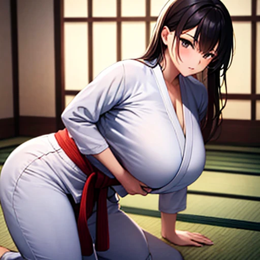 inside in room,Judo arena,tatami matasterpiece, Top quality, Best quality, offcial art, Beautiful and aesthetic:1.2), 1girll，Wearing a pure white judo suit with open chest（longer sleeveaggy，Large cuffull bodyesbian,Full-figured，Brown A-line hairstyle,did n...