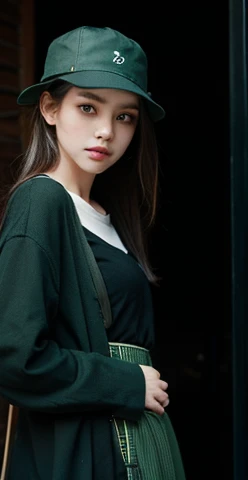 realistic girl, hat bucket, black and green outfit